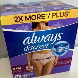 Always Discreet Adult Underwear Postpartum, Size S/M, 38 CT NEW